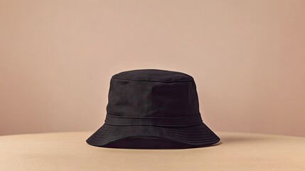 A blank black bucket hat displayed on a neutral surface, ideal for fashion branding or print advertising.