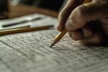 A person writes notes in a ledger with a pencil while sitting at a desk, showcasing an organized workspace during daylight hours