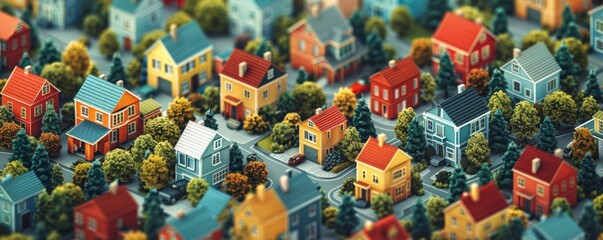 Fototapeta premium Charming Suburban Neighborhood with Colorful Houses and Lush Greenery - Real Estate Concept