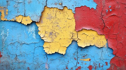 Fototapeta premium colorful cracked and weathered wall with peeling paint in blue, red, and yellow, providing an intriguing texture background ideal for artistic endeavors, vintage decor, and creative design inspiration