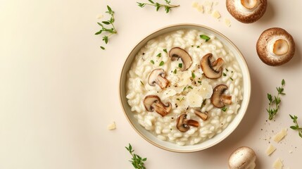 A creamy mushroom risotto garnished with herbs, served in a bowl with fresh mushrooms nearby.