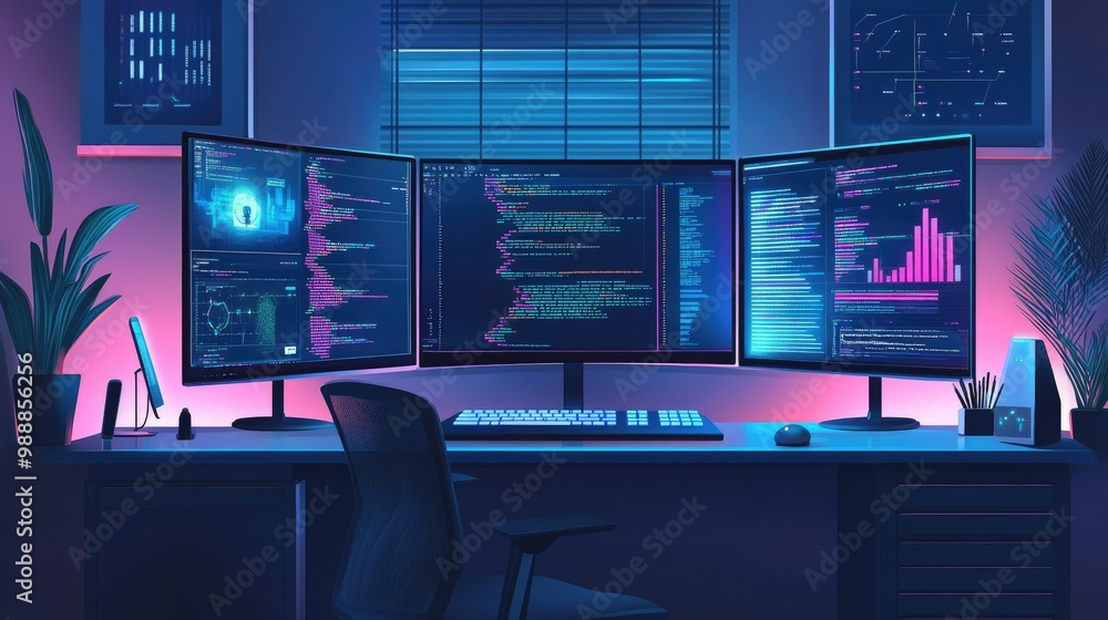 Poster remote work setup for a cybersecurity professional, with screens filled with data protection softwar