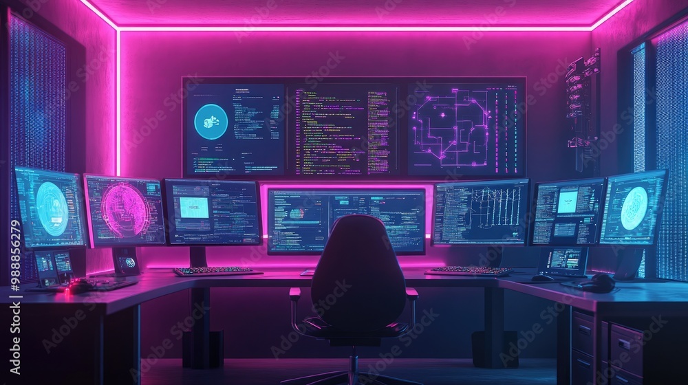 Poster remote work setup for a cybersecurity professional, with screens filled with data protection softwar