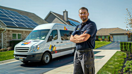 Solar panel installation. Technician with work van in front of house with solar panels.