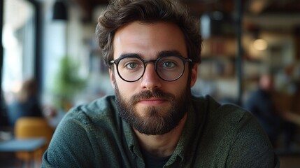 Obraz premium bearded man in glasses in a modern office, contemplating ideas and strategy, professional portrait of a thoughtful entrepreneur focused on creative business planning