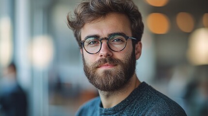 Obraz premium bearded man in glasses in a modern office, contemplating ideas and strategy, professional portrait of a thoughtful entrepreneur focused on creative business planning