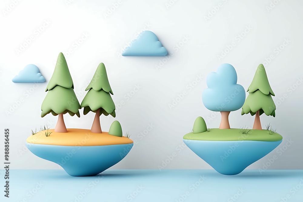 Poster colorful, stylized floating islands feature whimsical trees and clouds, creating a playful and imagi