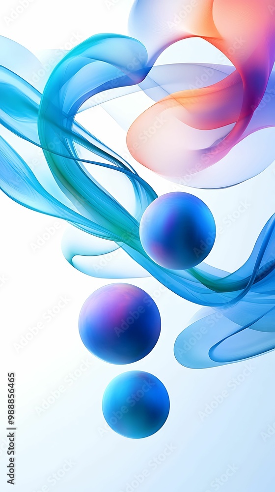 Aufkleber abstract design featuring swirling blue and pink smoke-like waves with three spheres, creating a dyn