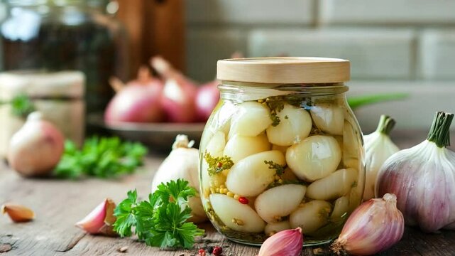 Handmade vegetable pickles featuring garlic cloves and spices, prepared in a rustic kitchen setting during the summer