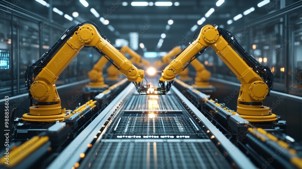 Poster factory automation with yellow robotic arms on assembly line, robotics and industrial engineering fo