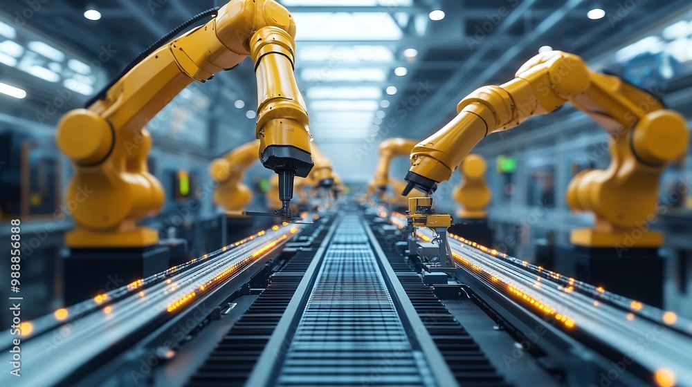 Aufkleber factory automation with yellow robotic arms on assembly line, robotics and industrial engineering fo