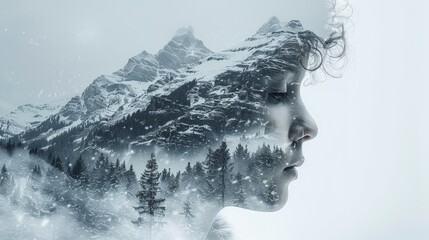 Serene Double Exposure of Woman's Profile and Snow-Covered Mountain Landscape