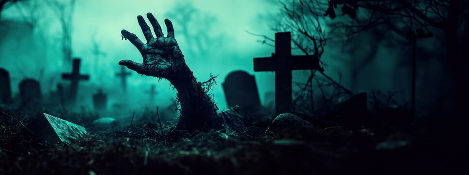 Halloween background, zombie hand reaching out from the ground on dark scene background, Dramatic smoke or fog effect for graveyard night view spooky, halloween party decoration horror concept