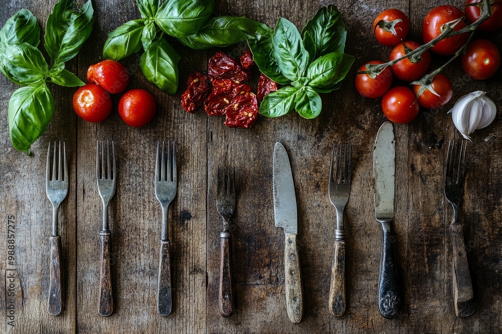 Wall mural An elegant arrangement of kitchen utensils and fresh ingredients on a rustic wooden table. A stylish composition of forks, knives, garlic, and tomatoes. Generative AI