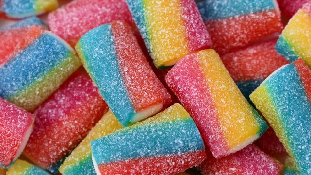 Bright colorful sweet and sour gummy candy rolls circle rotation close up top view