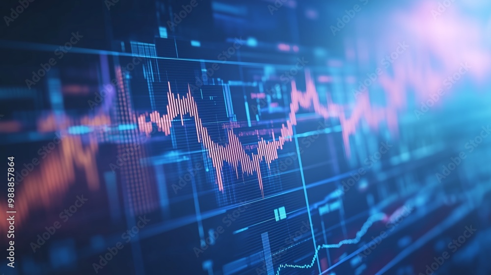 Poster dynamic financial data visualizations showing fluctuating stock trends and market analysis in a digi