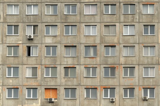 Facade of a Grey Multi-storey Panel building in Russia, Soviet architecture houses