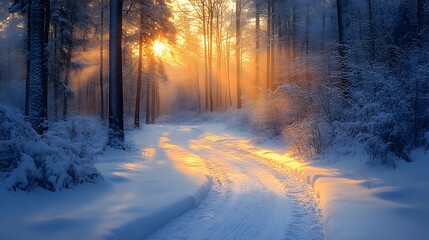 A snowy path leading through a winter wonderland forest