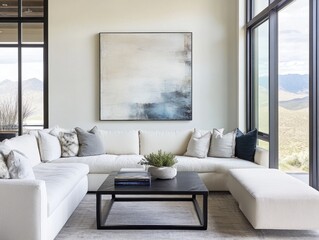 Fototapeta premium A living room with a white couch and a black coffee table. A painting is on the wall above the couch