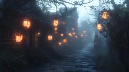 Fototapeta premium A dark, foggy street with lanterns hanging from the trees