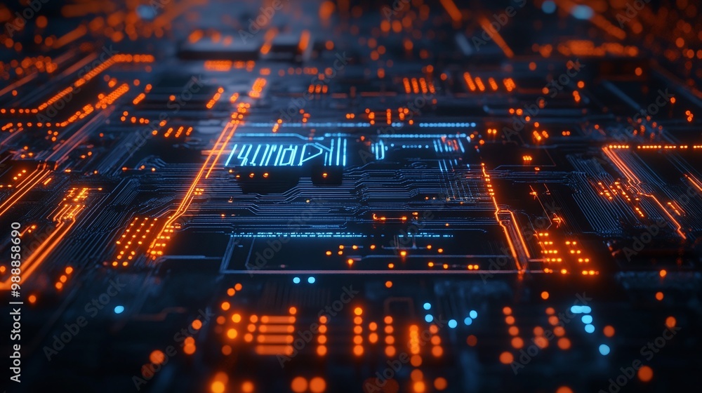 Poster advanced cybersecurity and big data analytics technology, futuristic circuit board glowing with blue