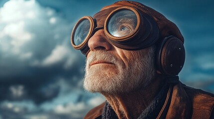 elderly man in vintage aviator goggles and leather cap, gazing into dramatic sky, bold journey, nostalgic freedom, retro adventure, senior explorer, visionary spirit, dramatic horizon, timeless pilot