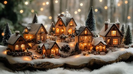 Naklejka premium A Christmas village display with miniature houses and twinkling lights