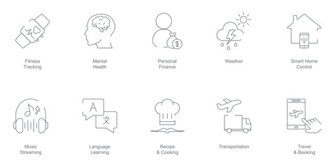 Fitness Tracking, Mental Health, Personal Finance, Weather, Smart Home Control, Music Streaming, Language Learning, Recipe and Cooking, Transportation, and Travel Booking Icon Set
