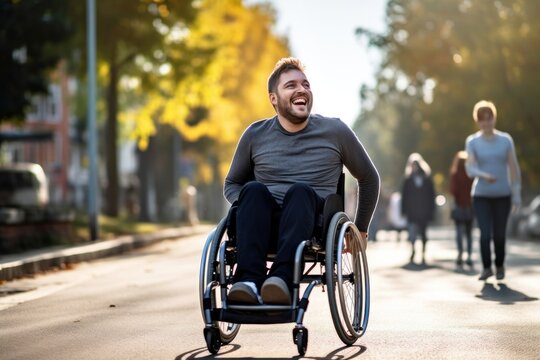 A happy man disability ridding in wheelchair transportation automobile clothing. - Powered by Adobe