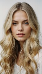 Naklejka premium A blonde woman with long hair and a white shirt