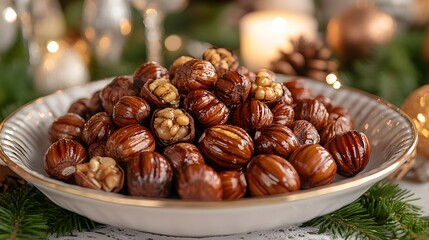 A close-up of roasted chestnuts on a holiday table