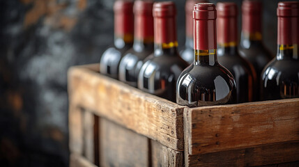Crate with wine bottles on dark background, close-up in rustic style.
