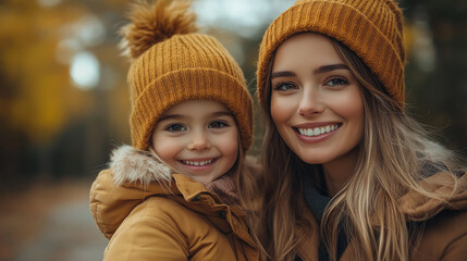 Obraz premium Smiling young woman and little girl walking in the park in autumn.