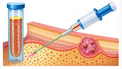A detailed illustration of the bone marrow biopsy procedure, depicting the steps involved in extracting a bone marrow sample, from insertion of the needle to collection of the sample