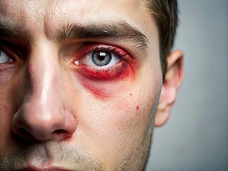 Obraz premium A close-up view of a person's face with a red, swollen, and teary left eye, conveying intense pain and discomfort, set against a soft, neutral background.