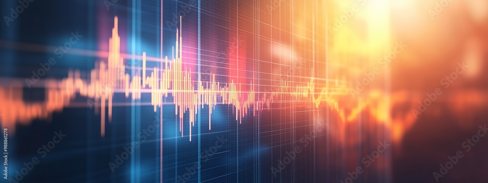 Poster dynamic sound wave visualization with vibrant colors and patterns depicting audio energy in a digita