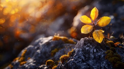Golden Leaf Growing on Rocky Terrain Symbolizing Resilience and Risk Mitigation in Nature
