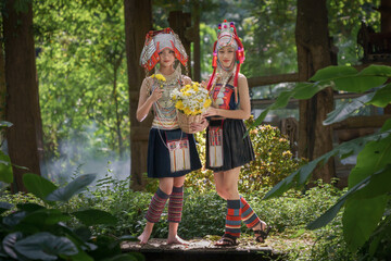 Beautiful portrait fashion of Akha hill tribe girls wearing traditional costumes with a modern twist in Thai Elephant Conservation Center is tourist attraction destination in Lampang, Thailand.