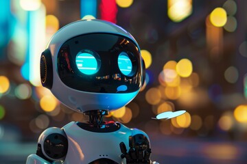 Business chatGPT programming development. Robot chatbot holds chat bubble in hand. Online virtual bot with AI selects answer options in messenger or social networks. AI chat bot chatting with customer