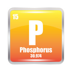 Phosphorus element symbol. P abbreviation. Atomic number 15. Atomic mass 30.974.