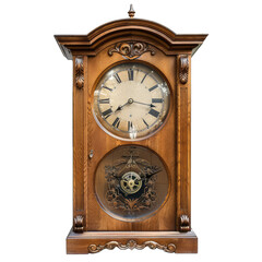 Wooden grandfather clock isolated on transparent background. Old antique clock