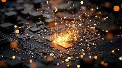 Close-Up of Exploding Black Circuit Board Sparks