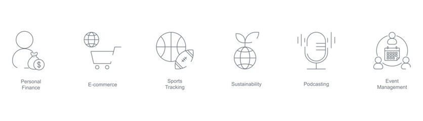 Personal Finance, E-Commerce, Sport Tracking, Sustainability, Podcasting, and Event Management Icon Set