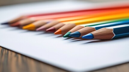 Naklejka premium Vibrant Rainbow Colored Pencils on White Paper