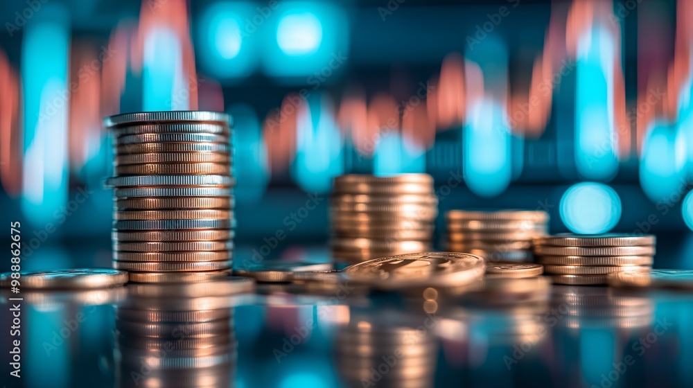 Poster stacks of coins arranged on a reflective surface with a colorful financial graph in the background, 