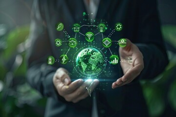 Businessman analyze investment sustainability ESG icons. ESG environmental protection concept, sustainable development, climate change, green energy recycle, Net zero and carbon neutral