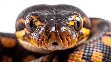 Fototapeta premium reptile python with sleek scales and hypnotic eyes resting on a white background, offering a close-up view of the detailed texture and wild beauty of this animal