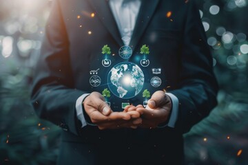 Businessman analyze investment sustainability ESG icons. ESG environmental protection concept, sustainable development, climate change, green energy recycle, Net zero and carbon neutral