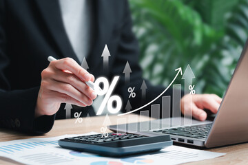 Interest rate, Dividend yield concept, Businesswomen calculating profits and costs Investment...
