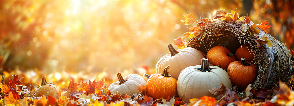 Wall mural Harvest cornucopia overflowing with pumpkins amidst autumn leaves and warm sunlight